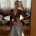 Jesra Tie-Front Long Sleeve Crop Top