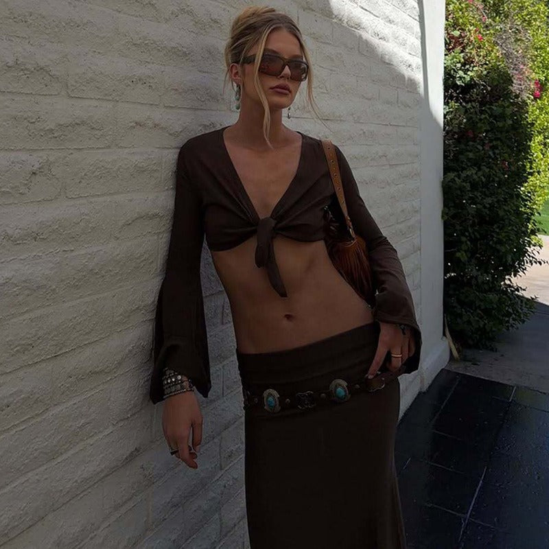 Jesra Tie-Front Long Sleeve Crop Top