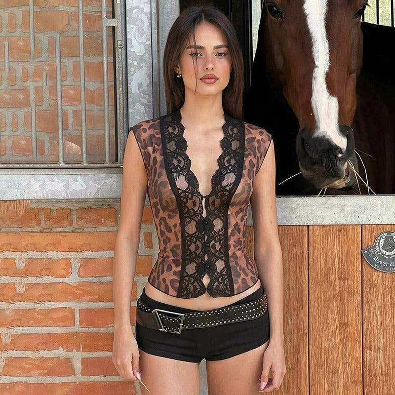 Antea Leopard Lace Sheer Top