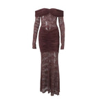 Off-Shoulder Lace Ruched Maxi Dress
