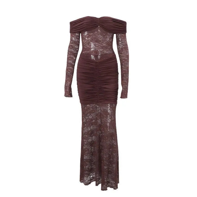 Off-Shoulder Lace Ruched Maxi Dress