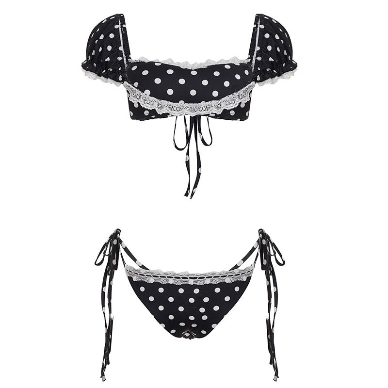 Zhen Polka Dot Lace Trim Bikini Set