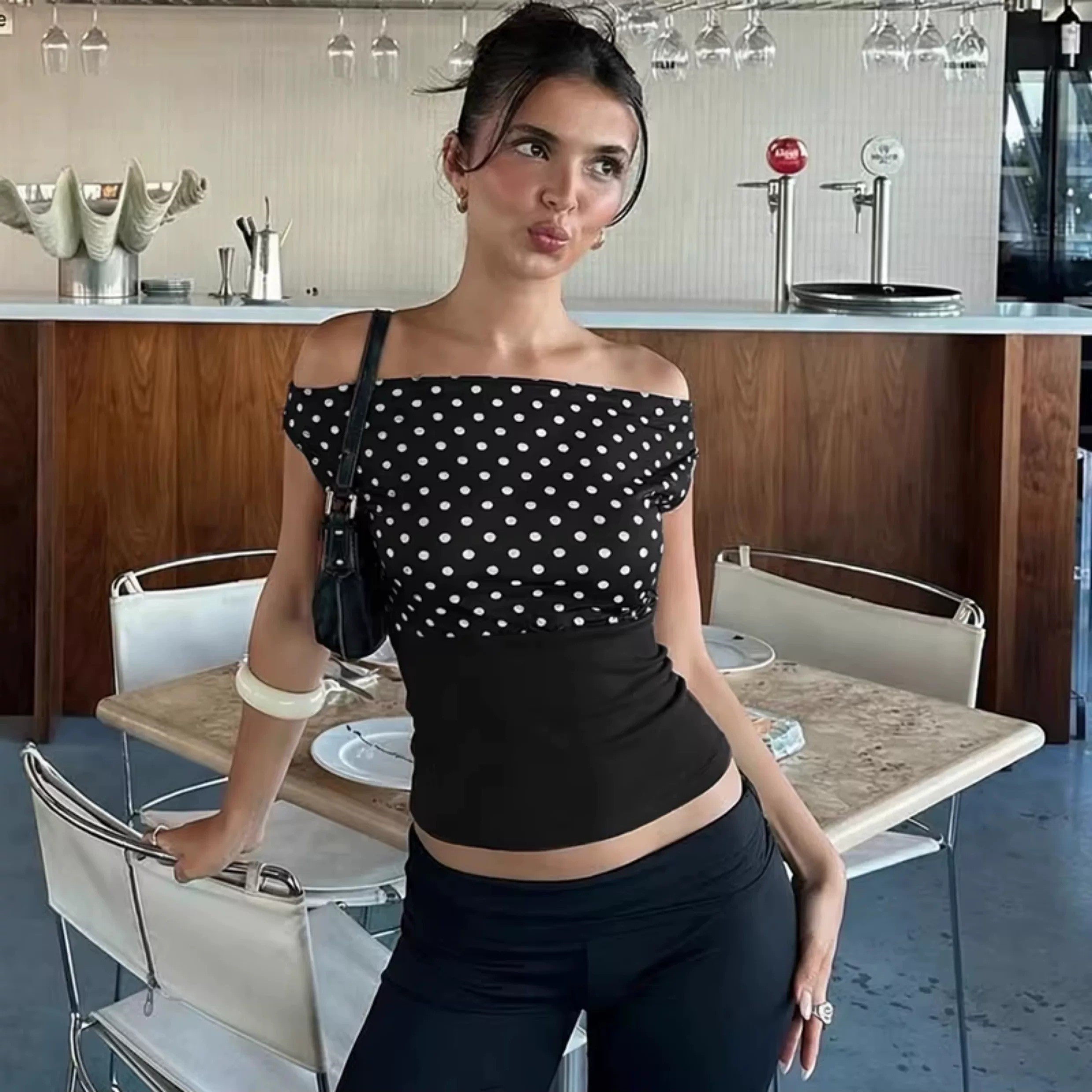 Maelys Polka Dot One-Shoulder Top