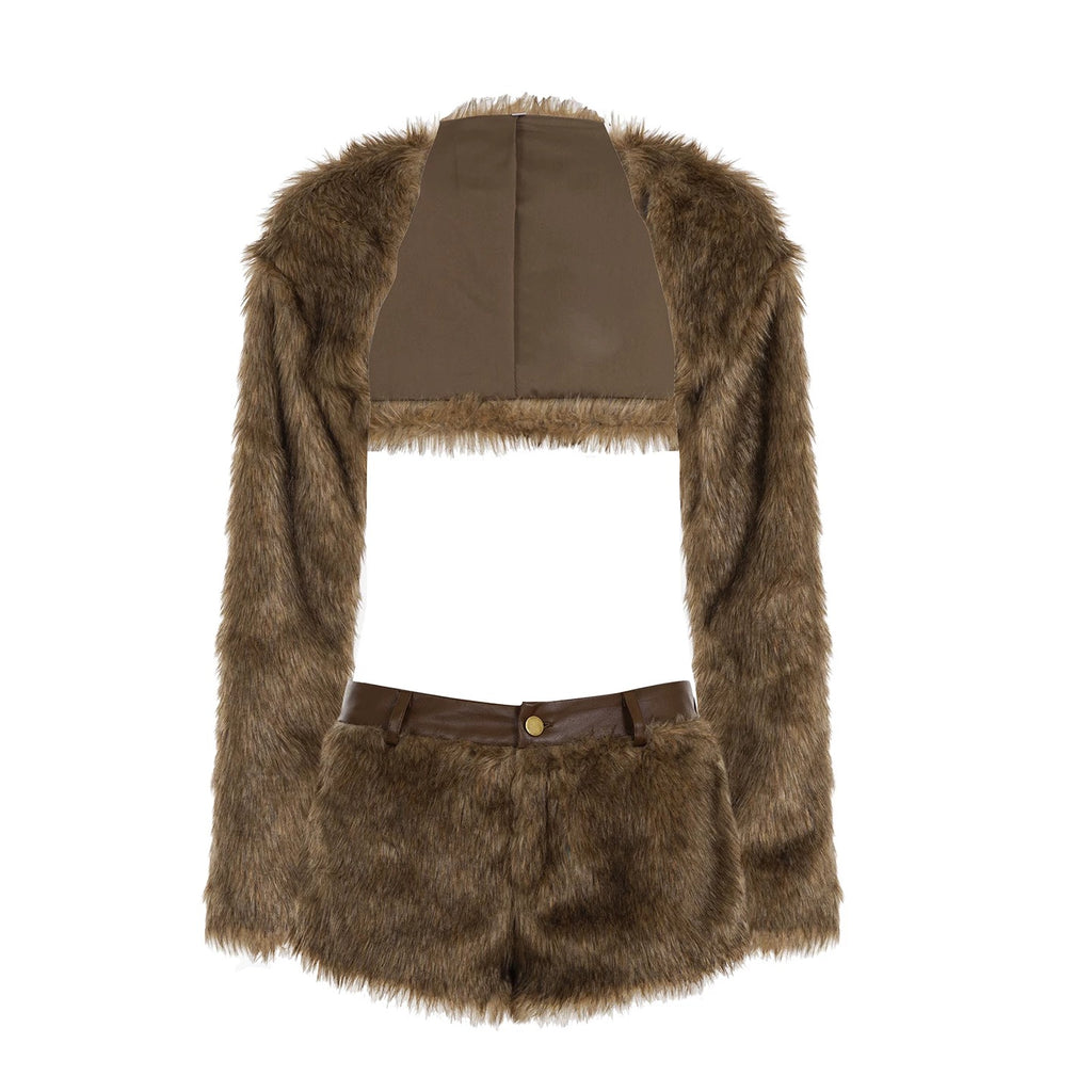Cassia Faux Fur Cropped Jacket & Shorts