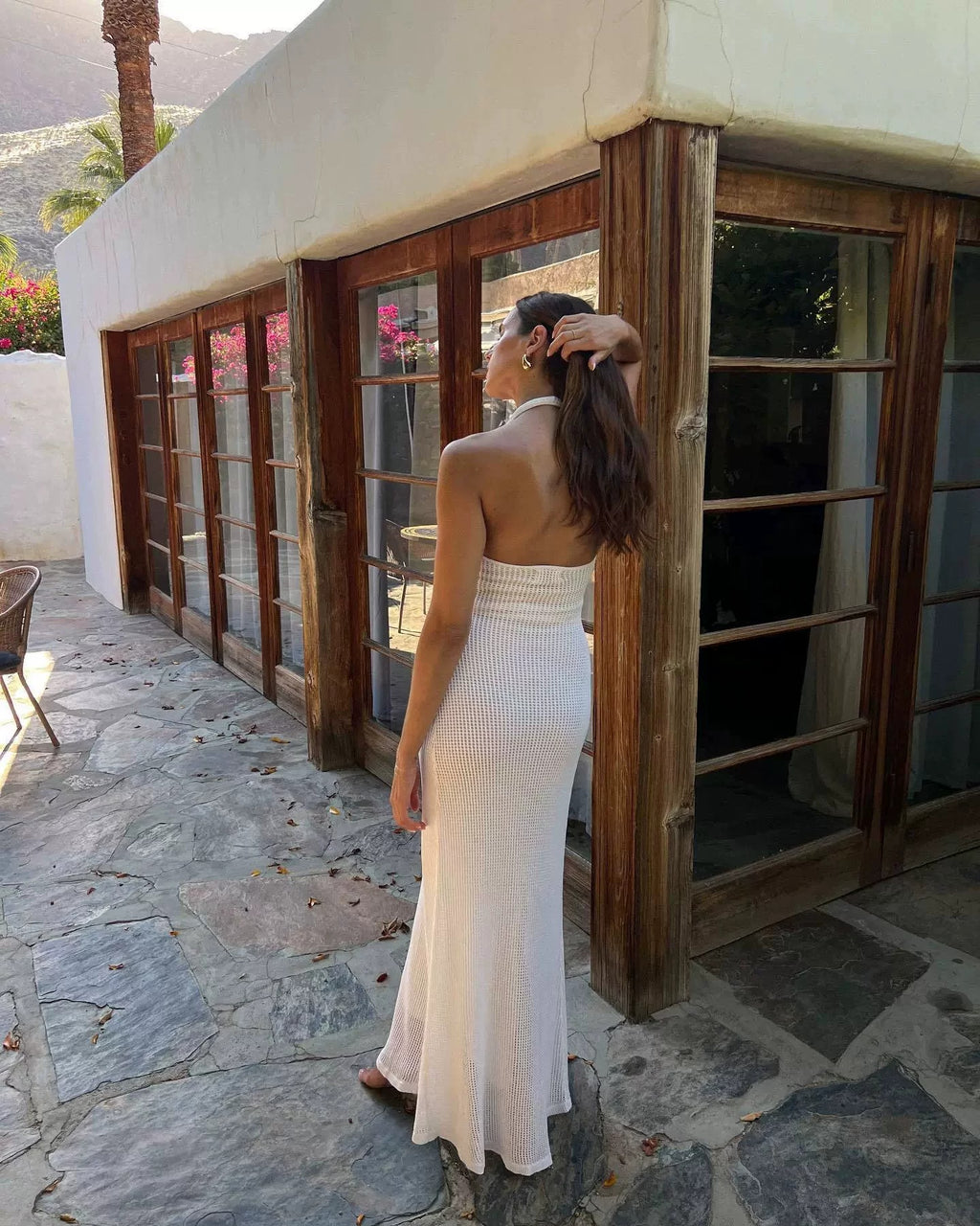 Quenby Sheer Knit Halter Maxi Dress