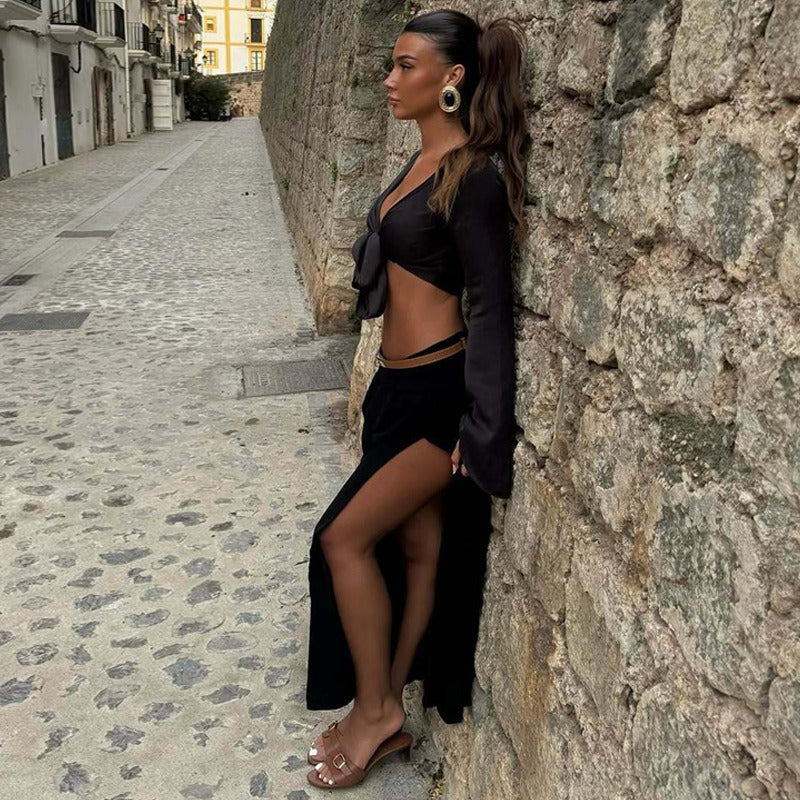 Jesra Tie-Front Long Sleeve Crop Top