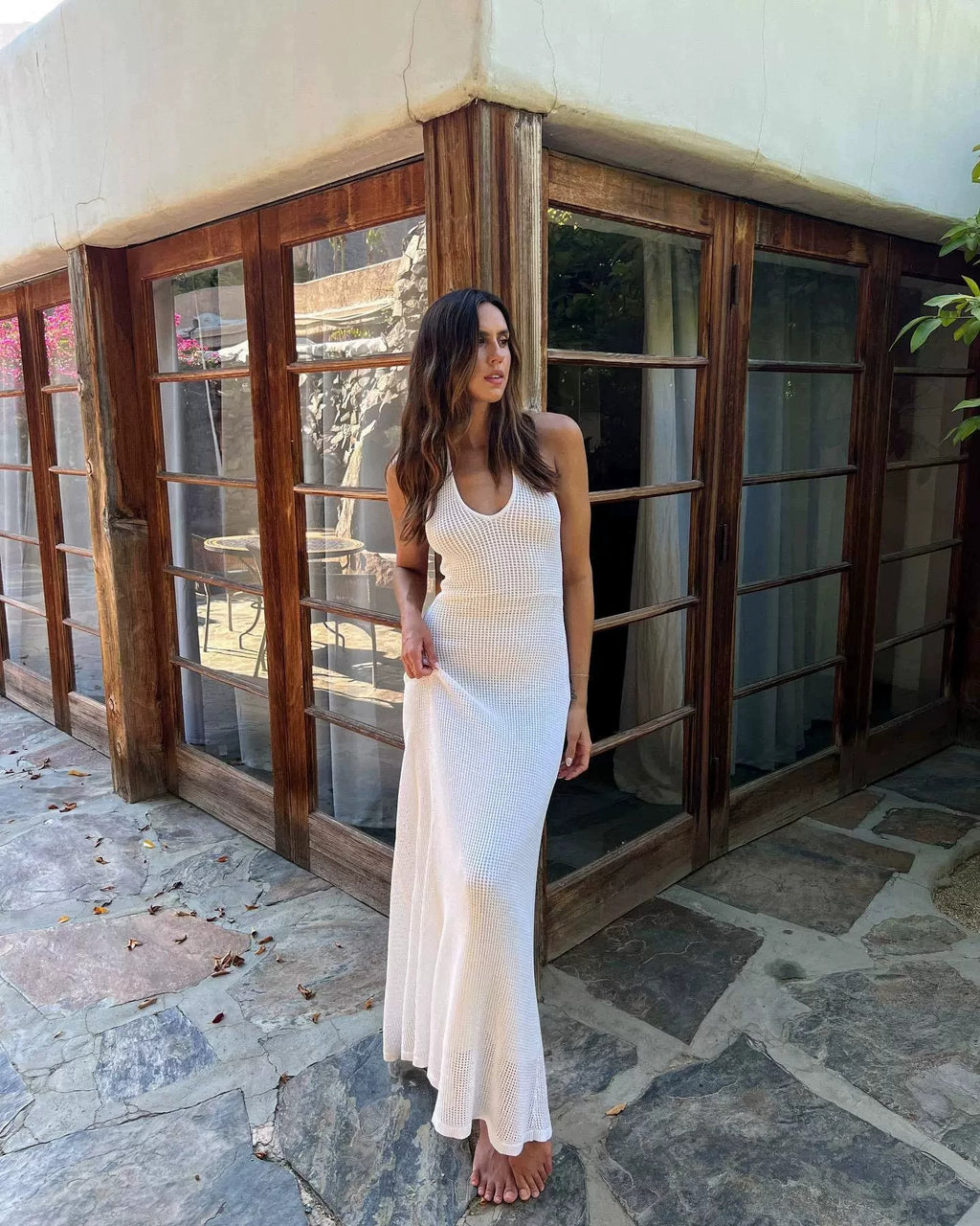 Quenby Sheer Knit Halter Maxi Dress