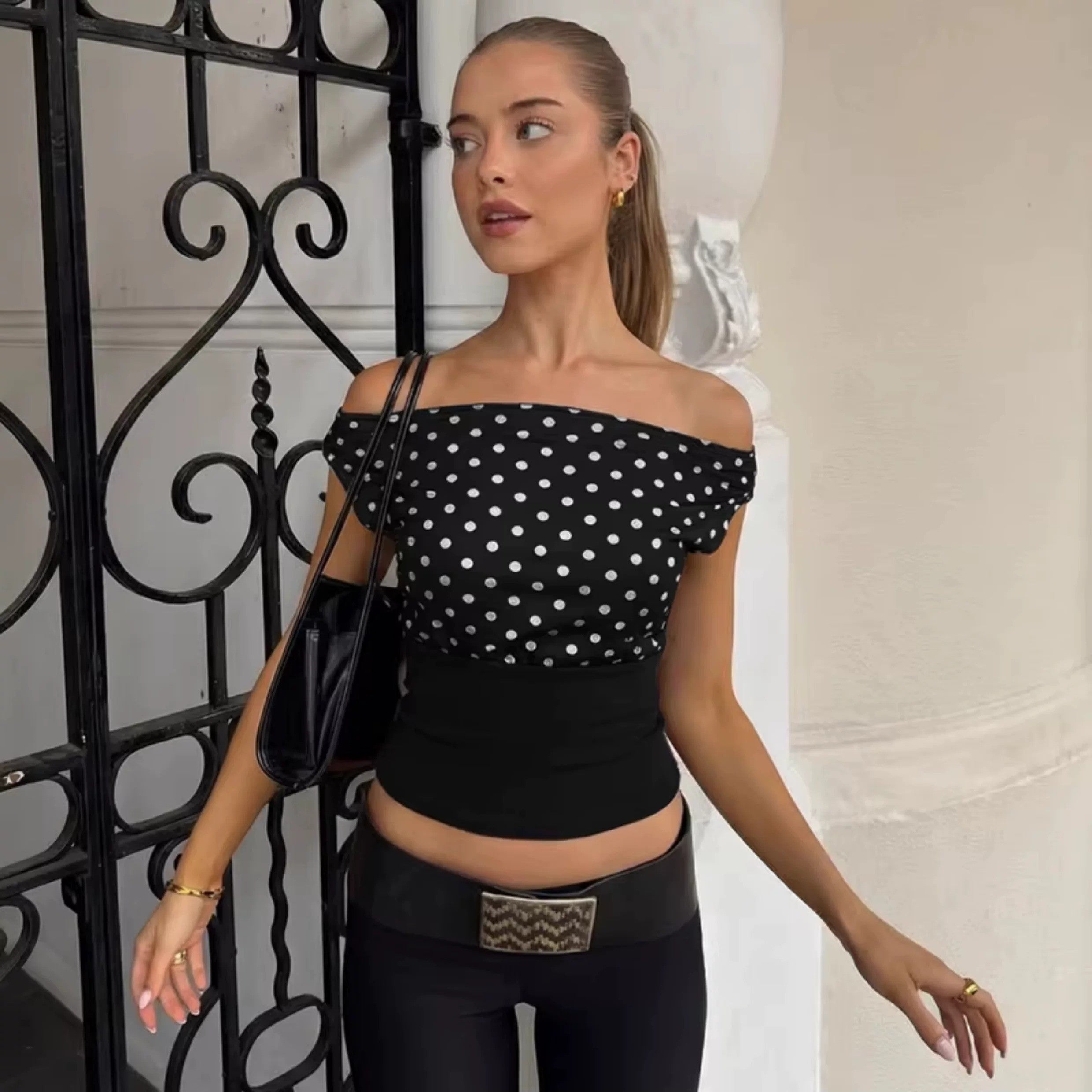Maelys Polka Dot One-Shoulder Top