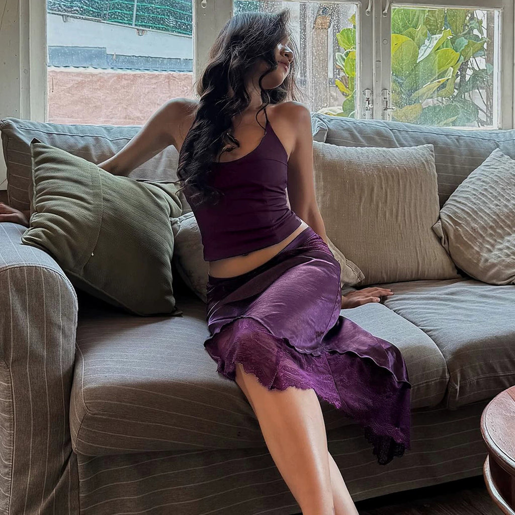 Elara Lace Trim Halter Top & Asymmetrical Skirt Set