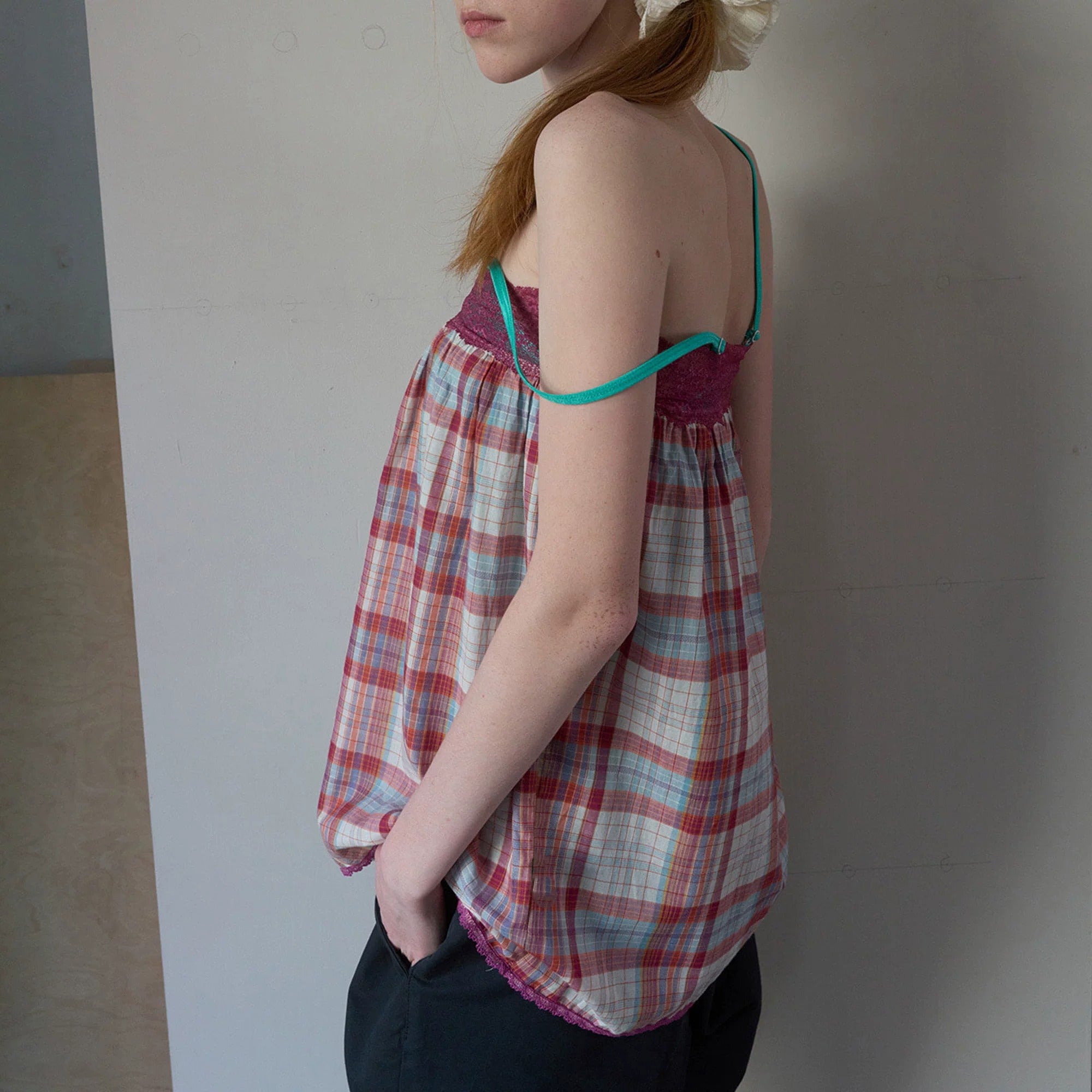 Nadia Plaid Lace-Trim Tube Top