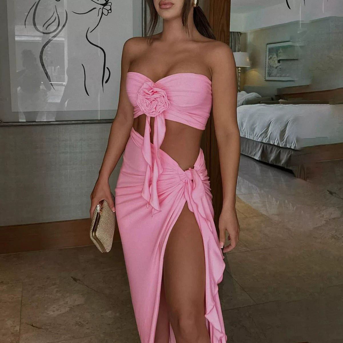 Vanya Draped Rose Detail Skirt Set