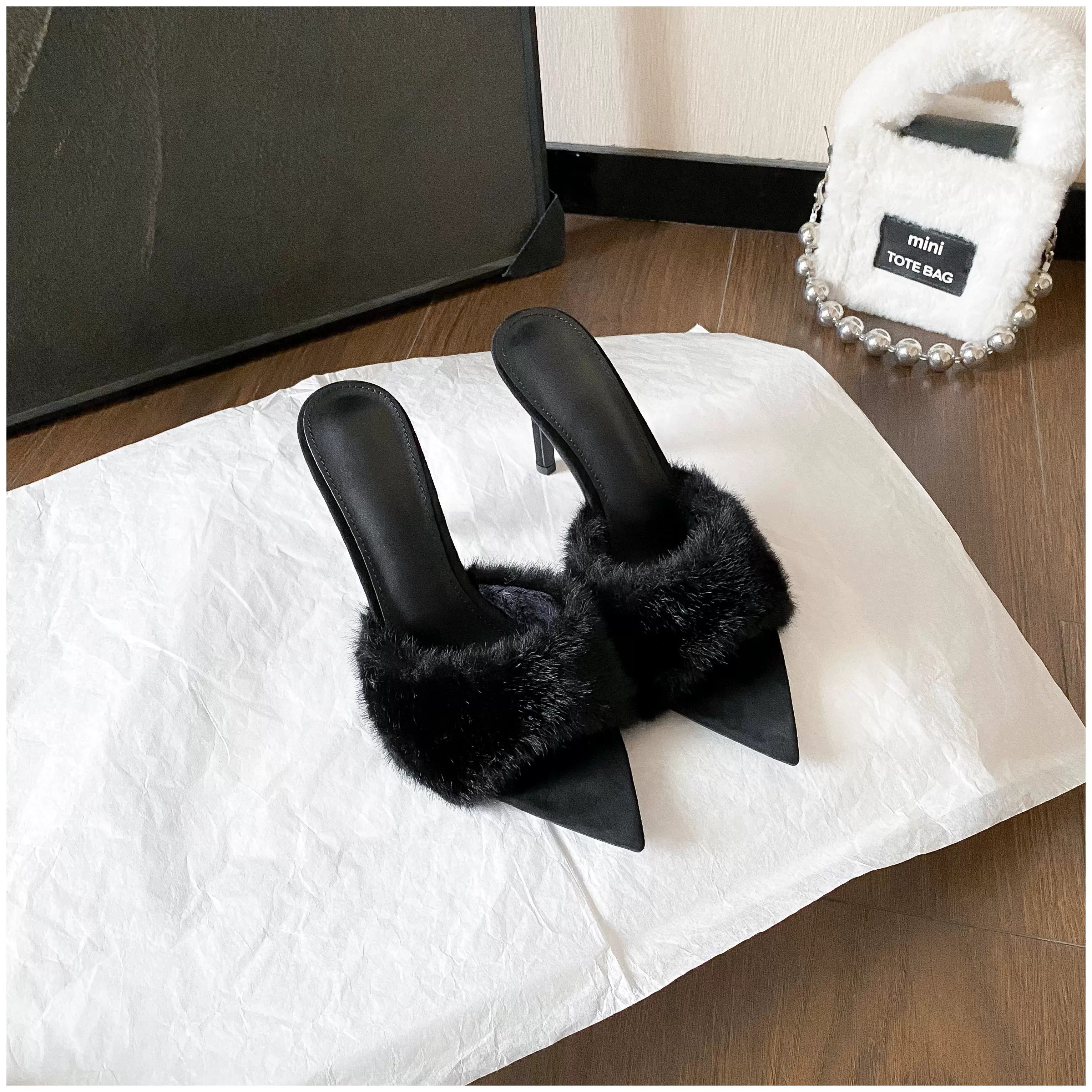 Raina Faux Fur Pointed-Toe Heeled Mules