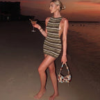 Riley Olive Stripe Open-Back Halter Mini Dress