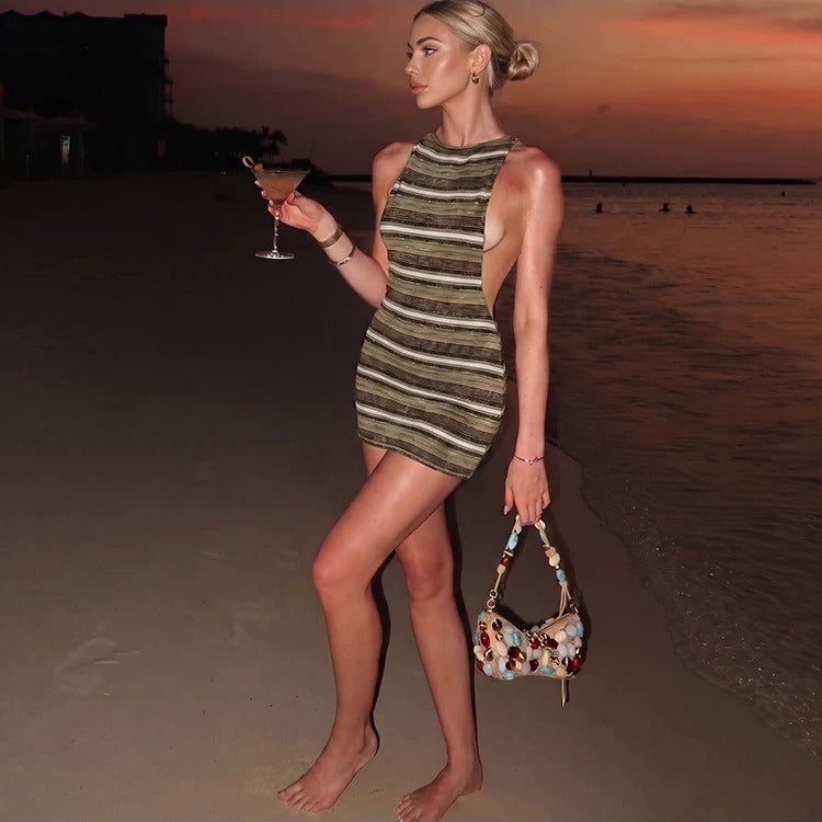 Riley Olive Stripe Open-Back Halter Mini Dress