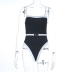 Lorisse Black Contrast Trim Belted Swimsuit