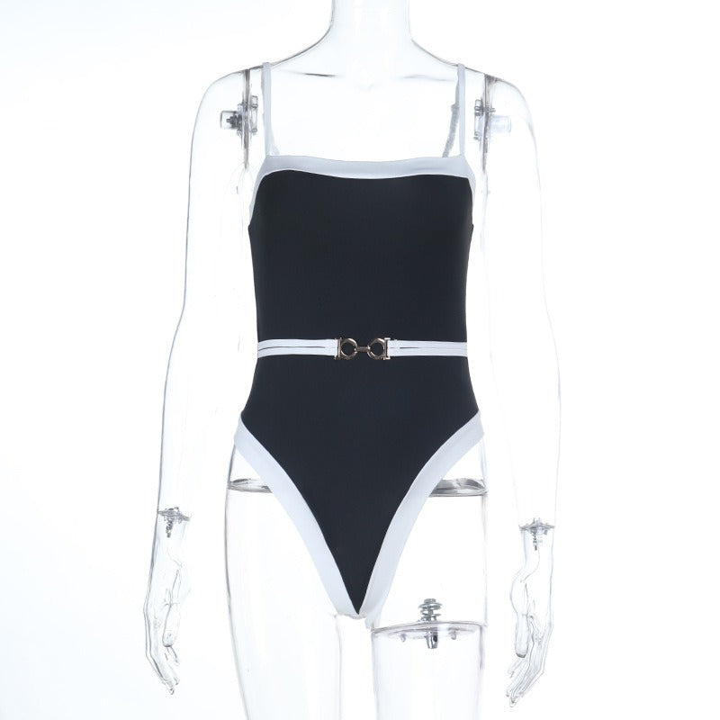 Lorisse Black Contrast Trim Belted Swimsuit