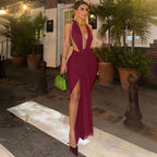 Lorena Deep Plunge Halter Maxi Dress
