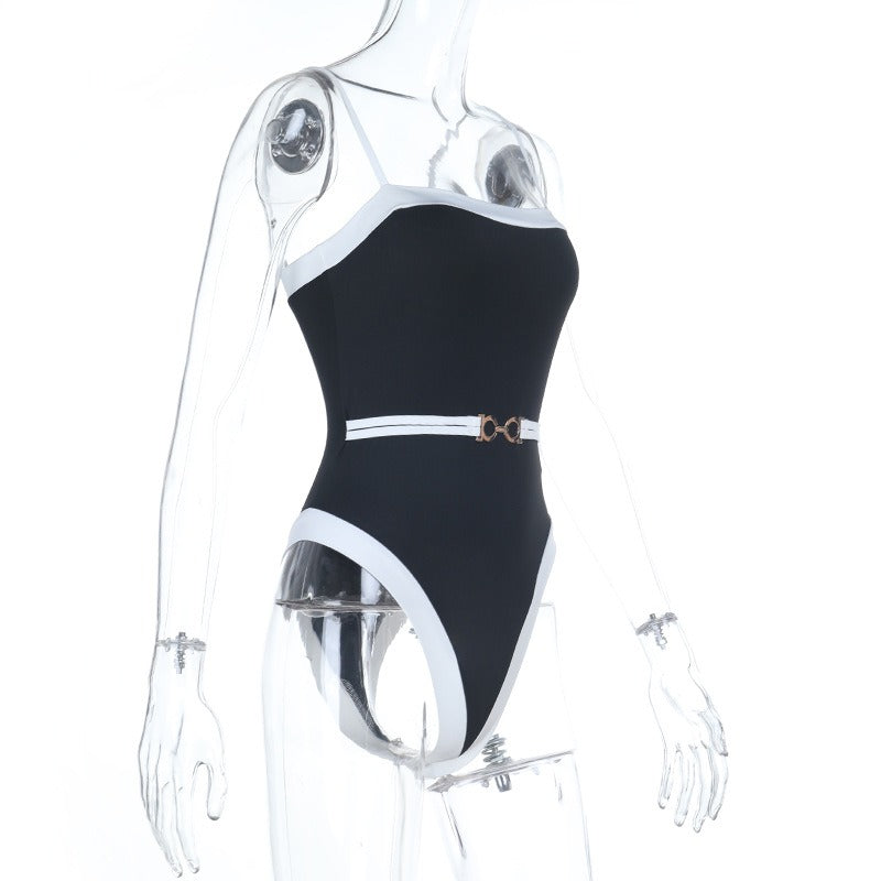 Lorisse Black Contrast Trim Belted Swimsuit