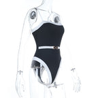 Lorisse Black Contrast Trim Belted Swimsuit