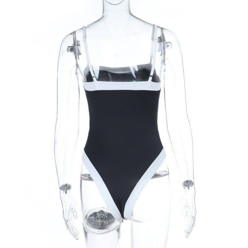 Lorisse Black Contrast Trim Belted Swimsuit