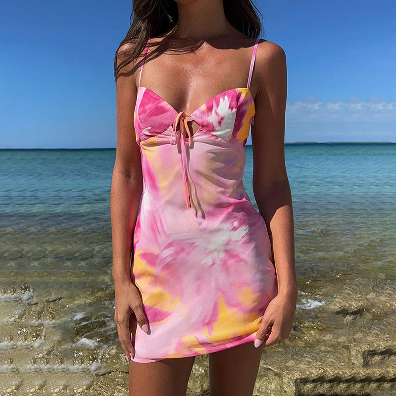 Mireva Pink Sunset Tie-Front Mini Dress