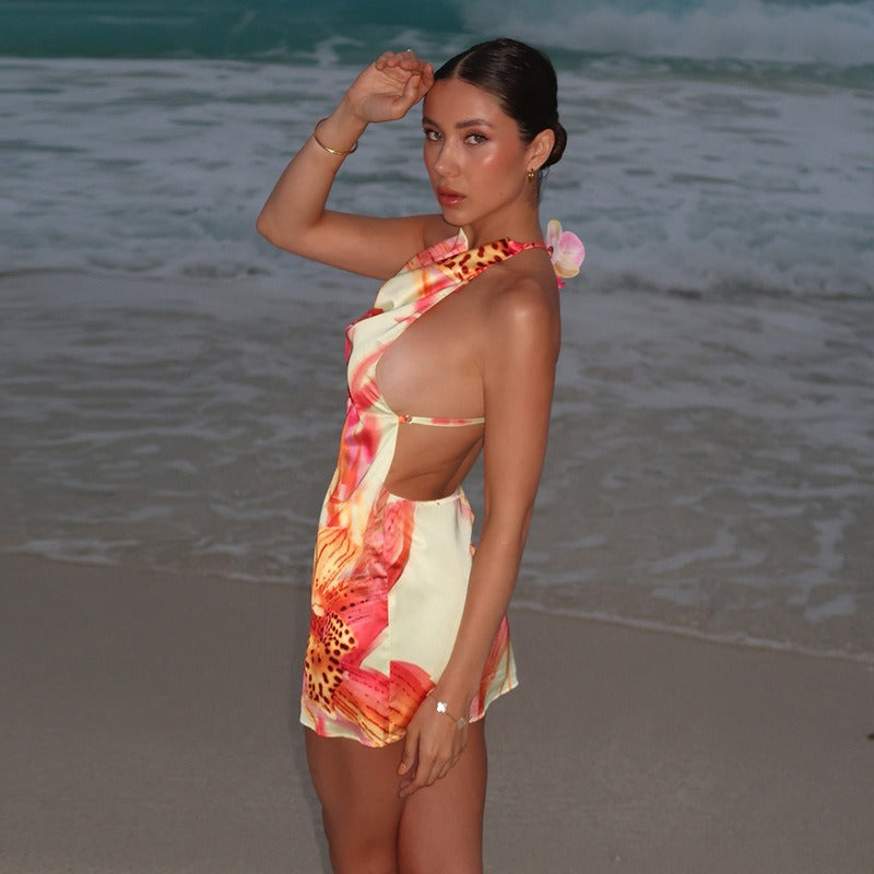 Maevin Tropical Orchid Halter Mini Dress
