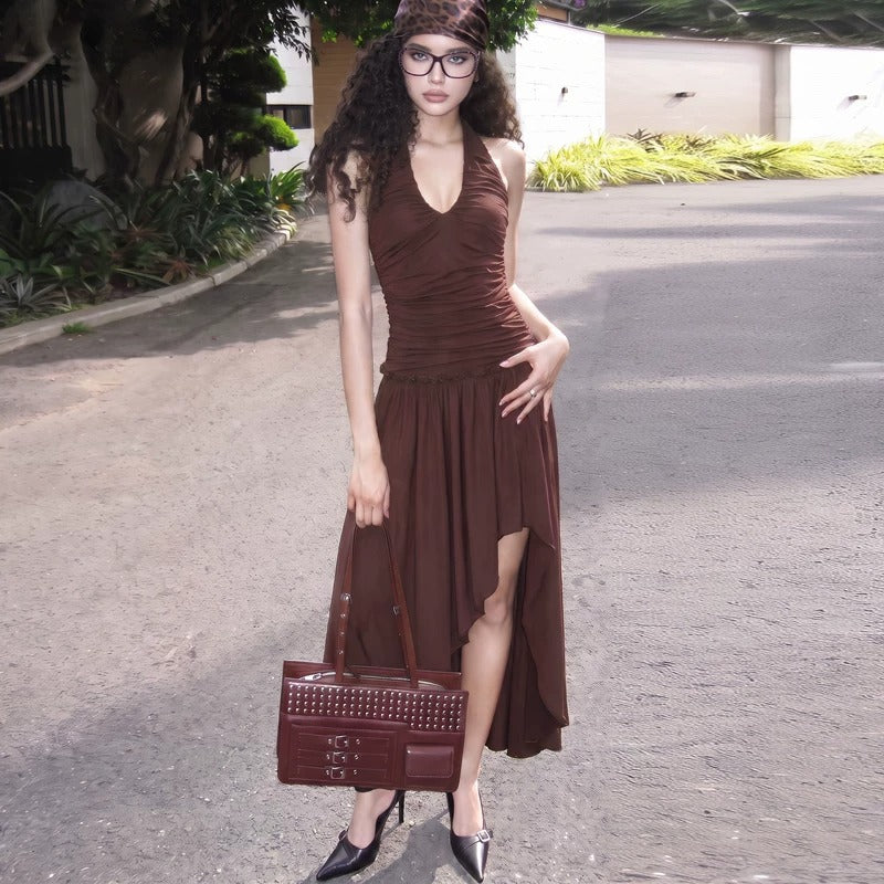 Eden Asymmetric Ruched Halter Maxi Dress