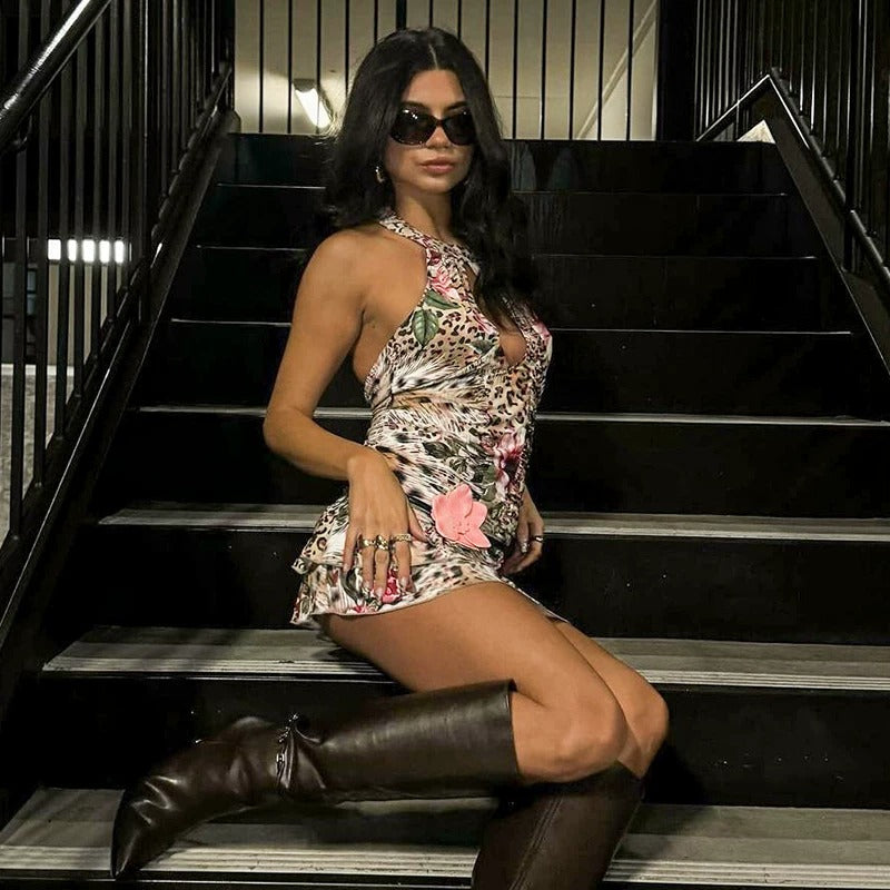 Thais Floral Leopard Halter Mini Dress