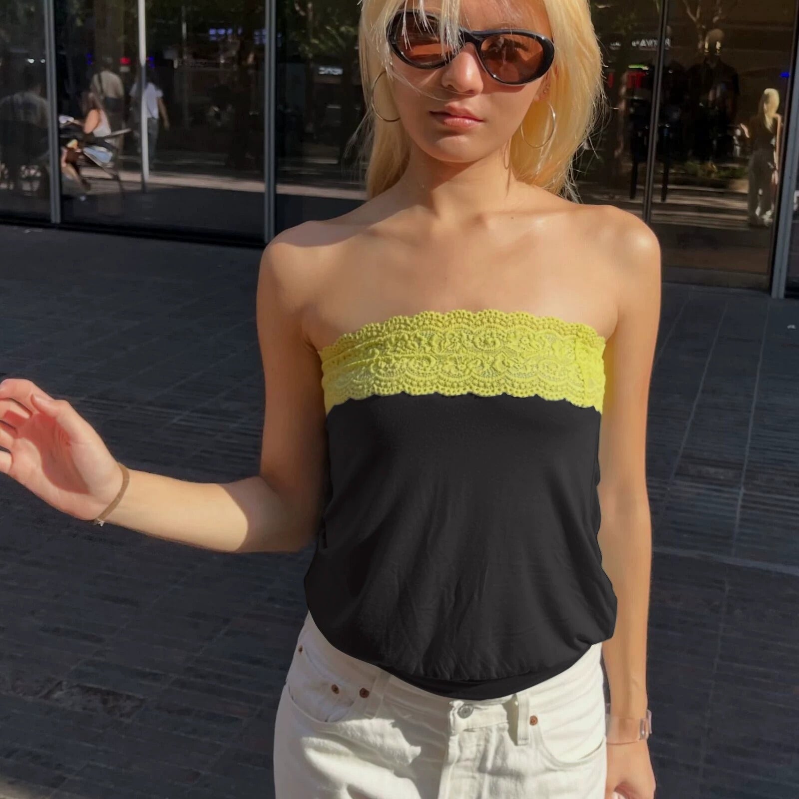 Reese Black Strapless Lace Trim Top