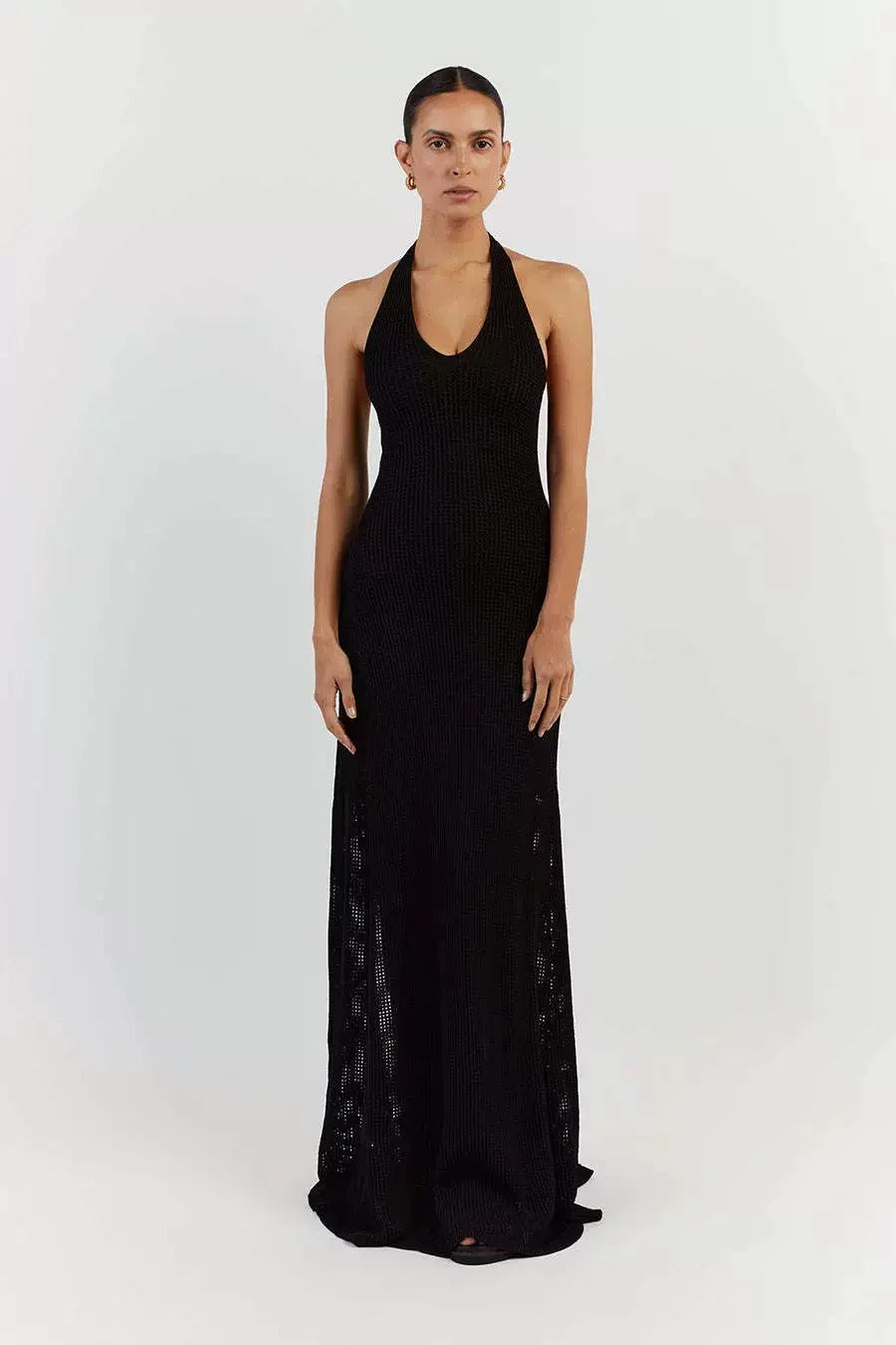 Quenby Sheer Knit Halter Maxi Dress
