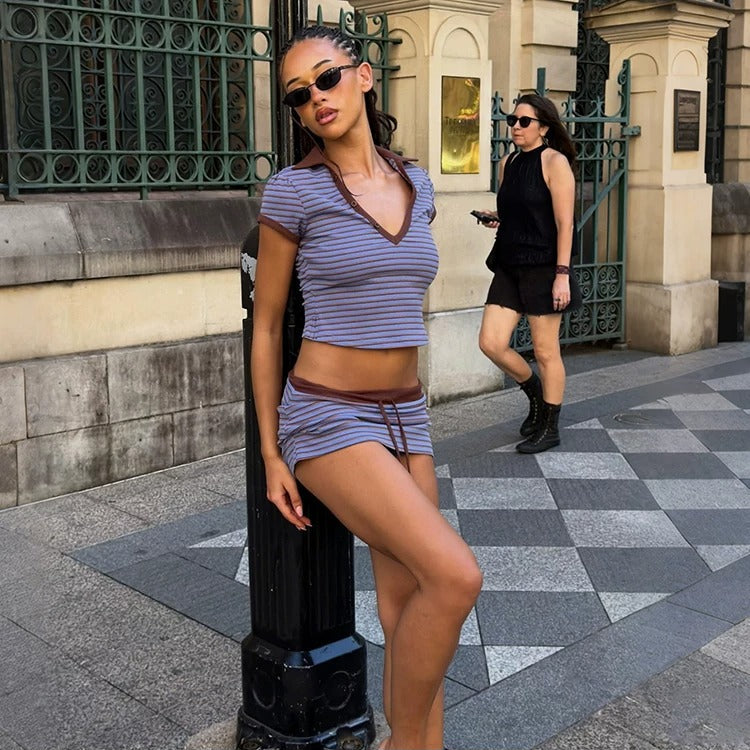 Y2K Striped V-Neck Two-Piece Set