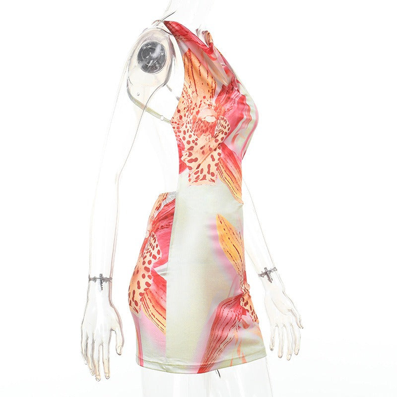 Maevin Tropical Orchid Halter Mini Dress