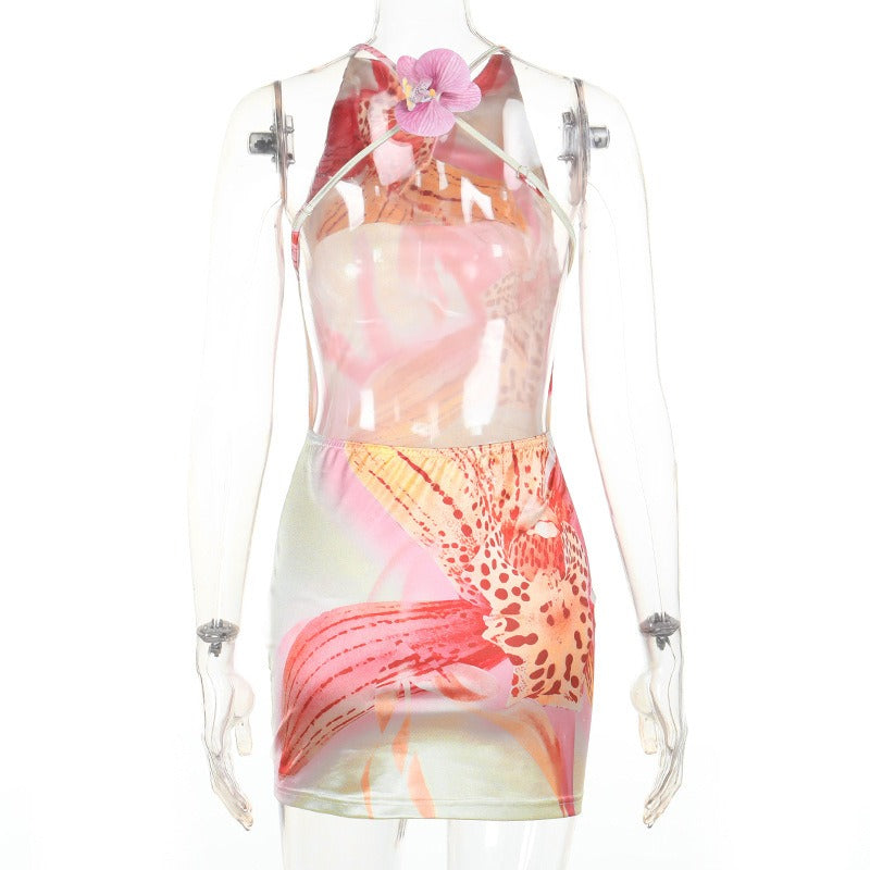 Maevin Tropical Orchid Halter Mini Dress