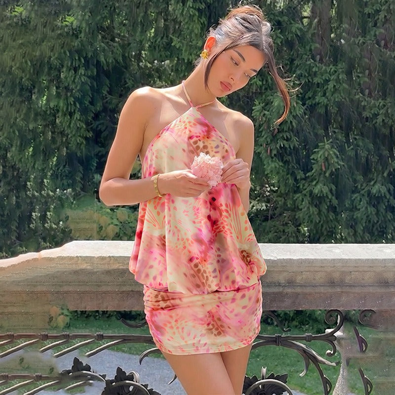 Cerise Backless Halter Mini Dress
