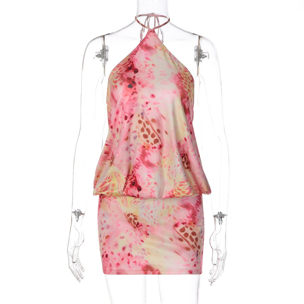 Cerise Backless Halter Mini Dress