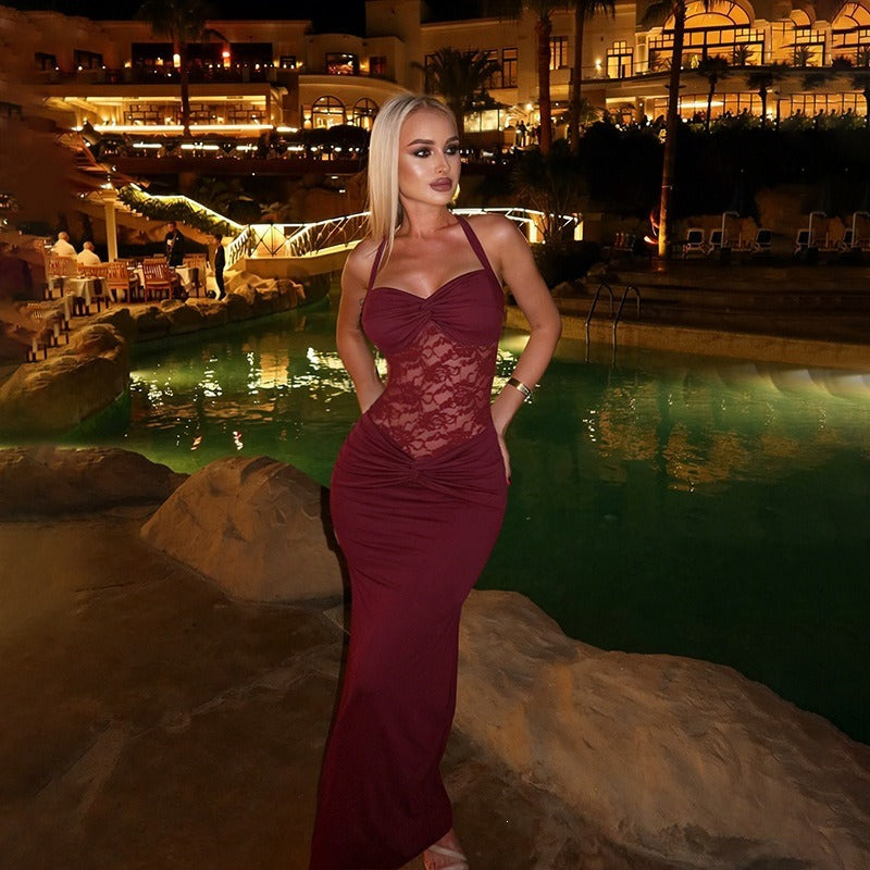 Alira Lace Panel Halter Maxi Dress