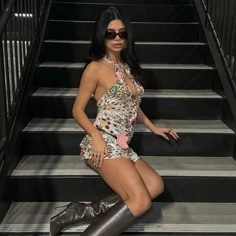 Thais Floral Leopard Halter Mini Dress