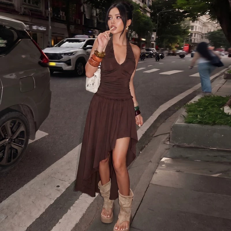 Eden Asymmetric Ruched Halter Maxi Dress
