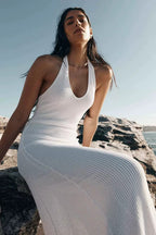 Quenby Sheer Knit Halter Maxi Dress