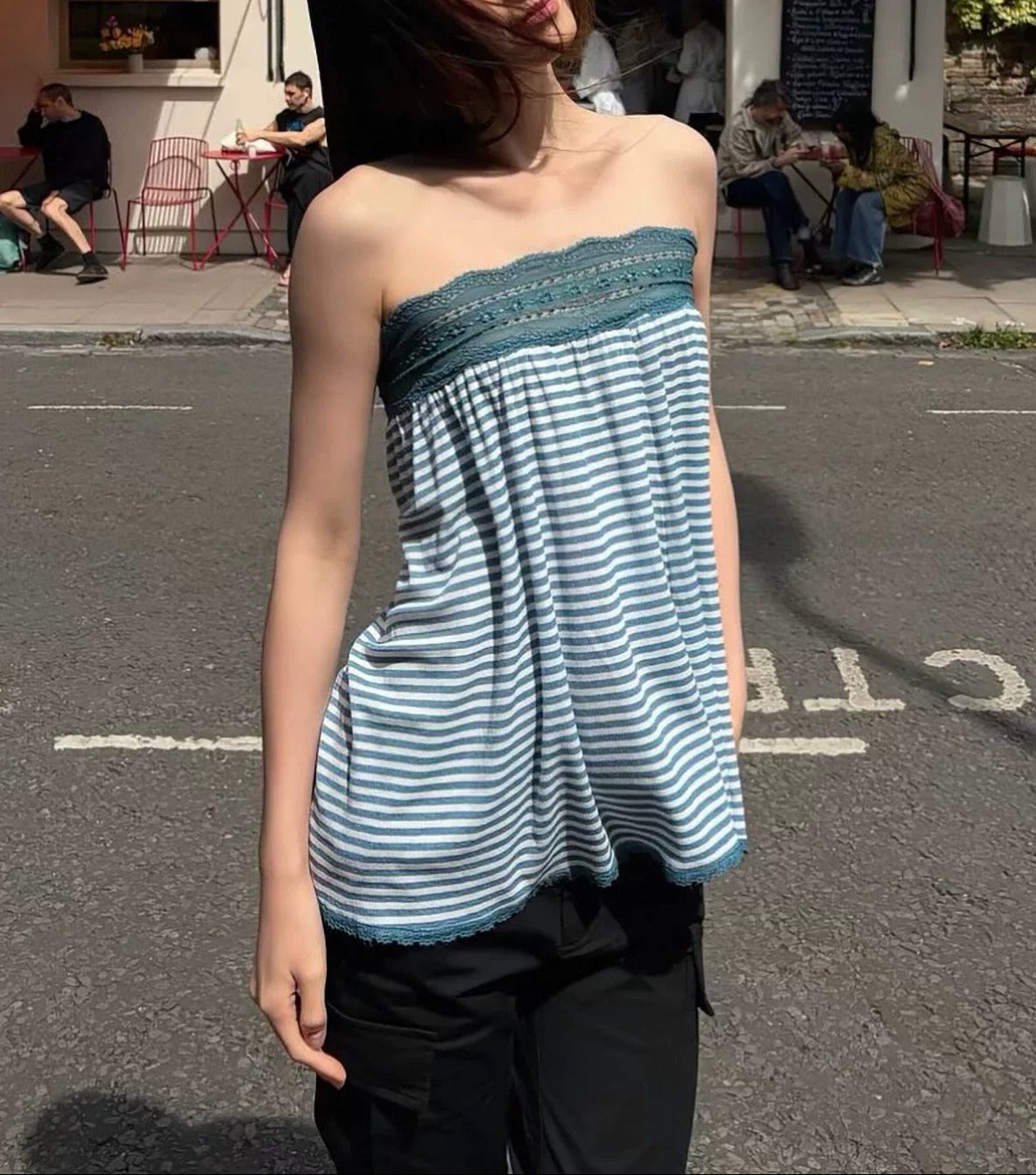 Nadia Plaid Lace-Trim Tube Top