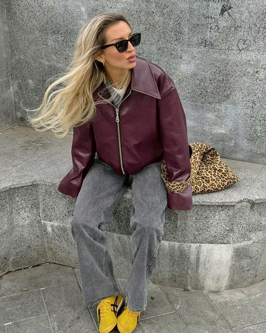 Geneva Faux Leather Bomber Jacket