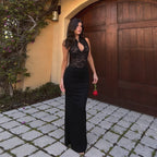 Izel Lace Keyhole Halter Maxi Dress