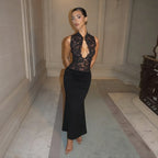 Izel Lace Keyhole Halter Maxi Dress