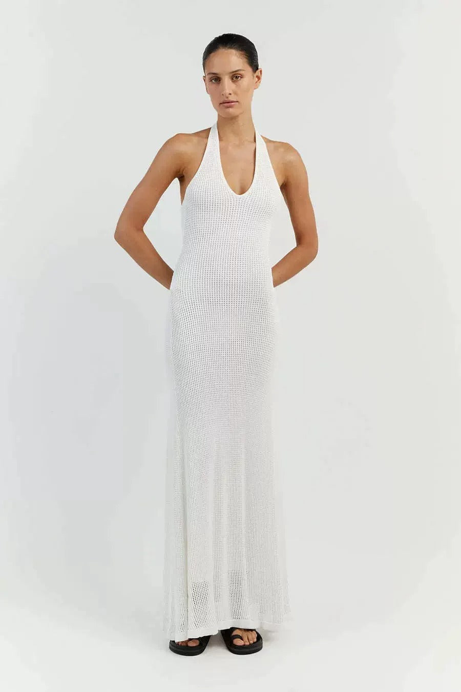Quenby Sheer Knit Halter Maxi Dress