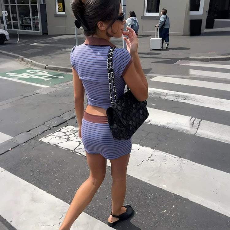 Y2K Striped V-Neck Two-Piece Set