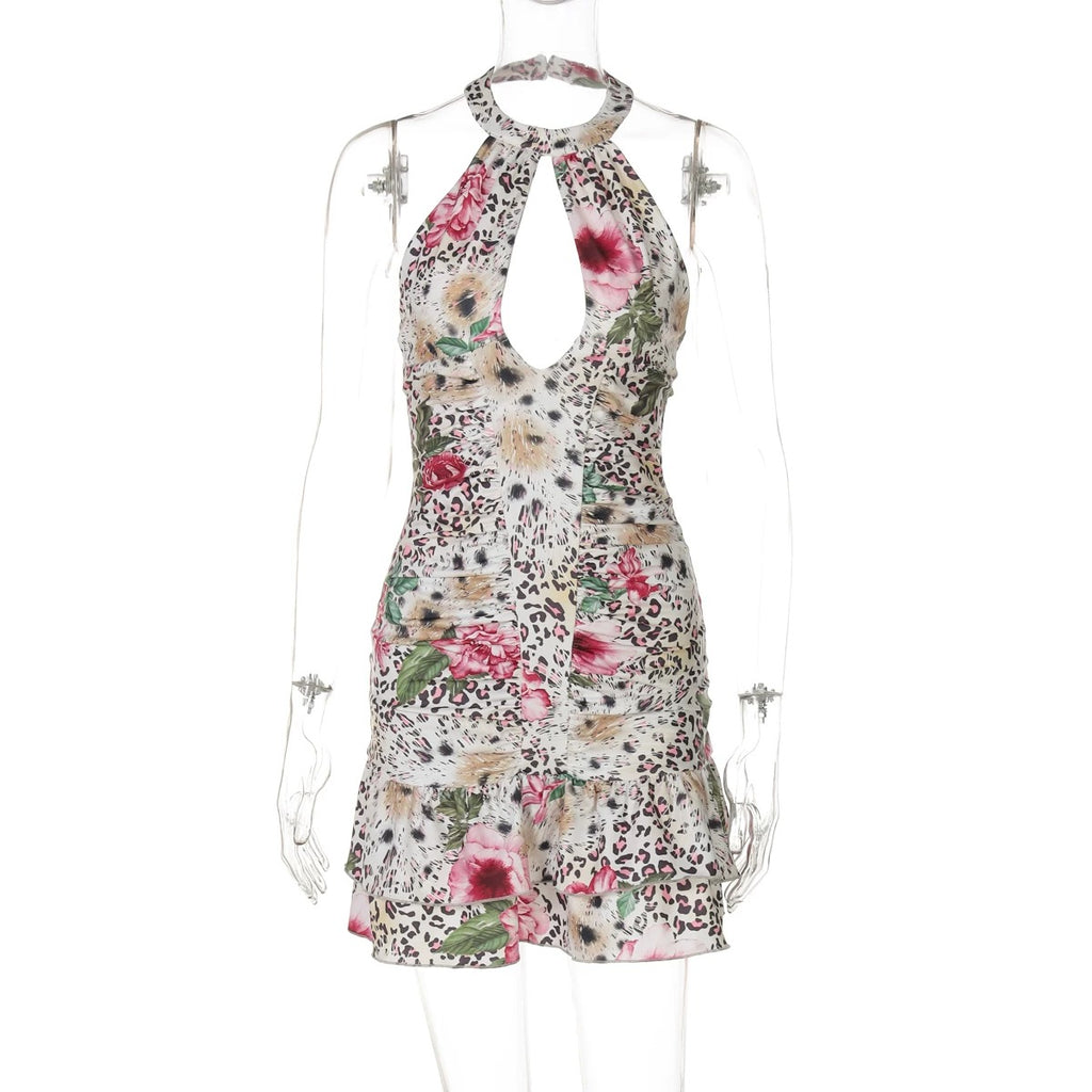 Thais Floral Leopard Halter Mini Dress
