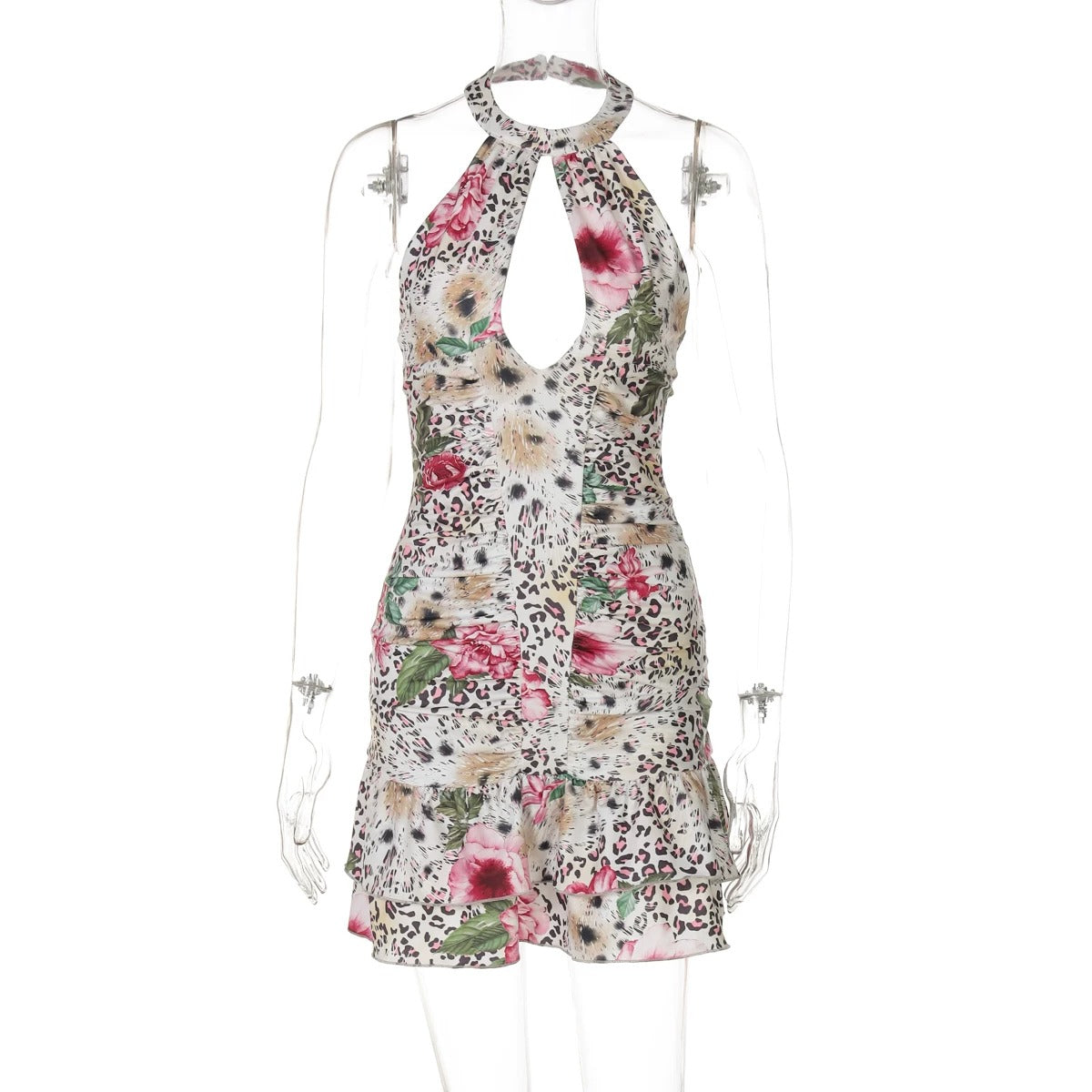 Thais Floral Leopard Halter Mini Dress