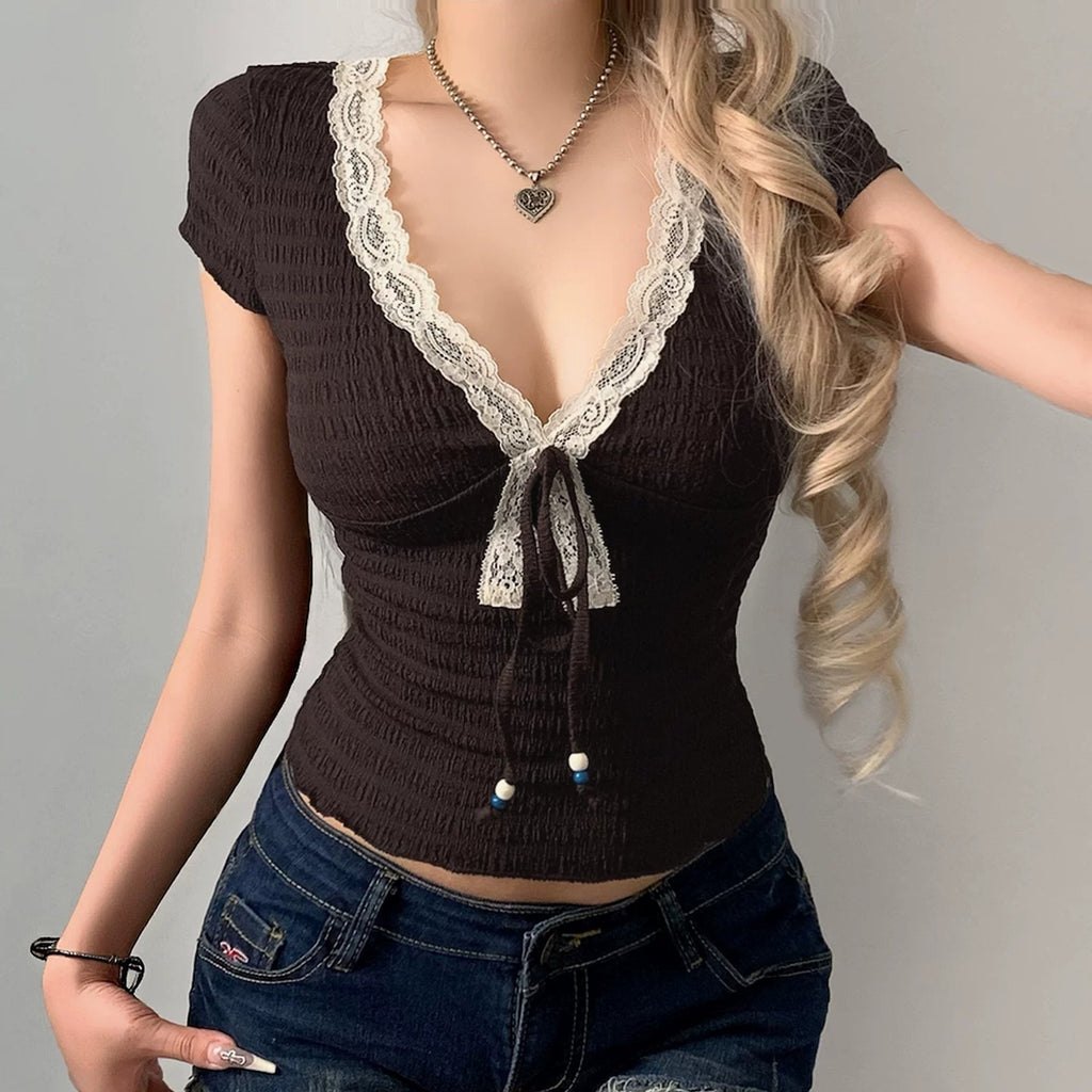 Peyton Lace Trim Tie-Front Ruched Top