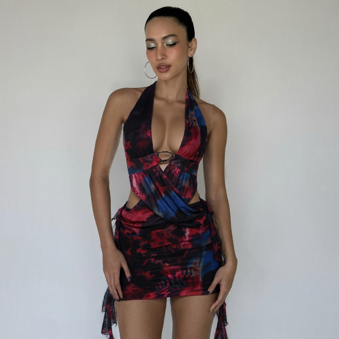 Laris Printed Halter Cut-Out Mini Dress