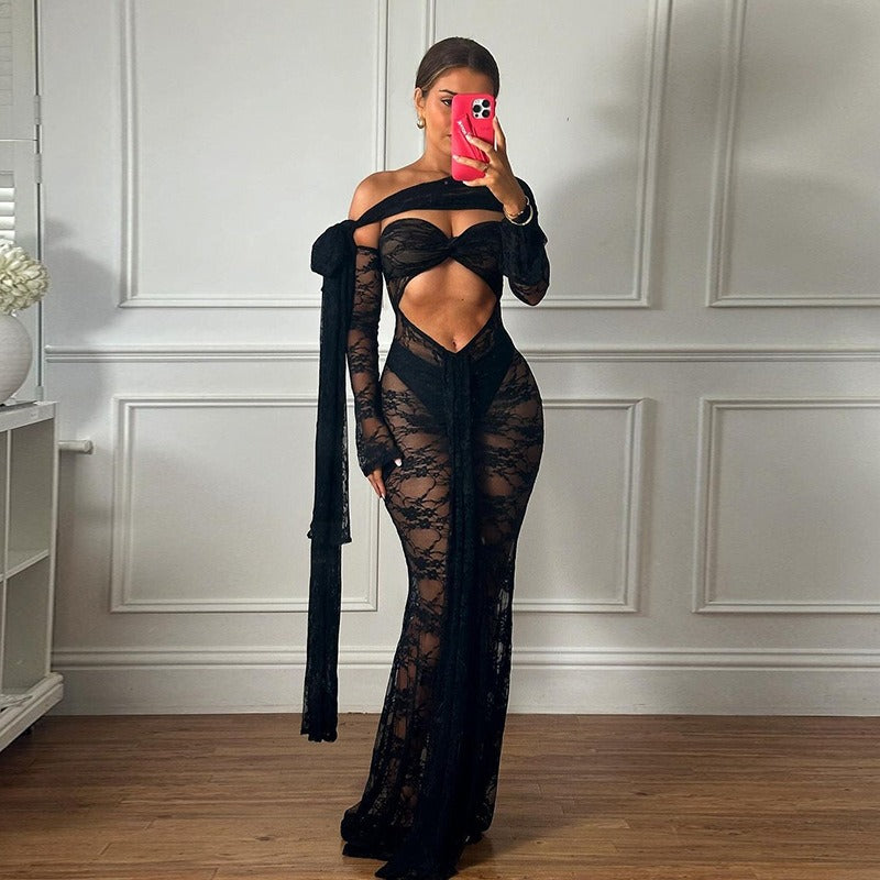 Solinae Sheer Lace Cut-Out Maxi Dress